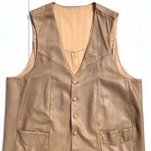 Men’s Custom Tan Leather Vest w/Front Pockets & Buttons, XXL